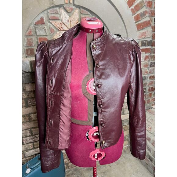 leather Jacket OXBLOOD red burgundy wine cropped puff sleeves - Picture 12 of 16